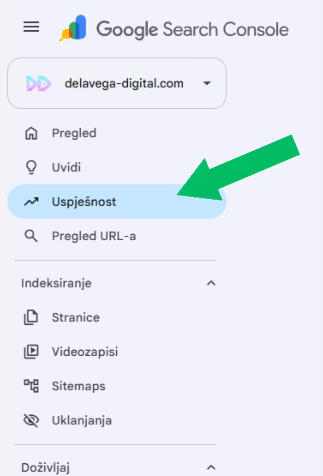 Google Search Console izbornik s označenom opcijom Uspješnost