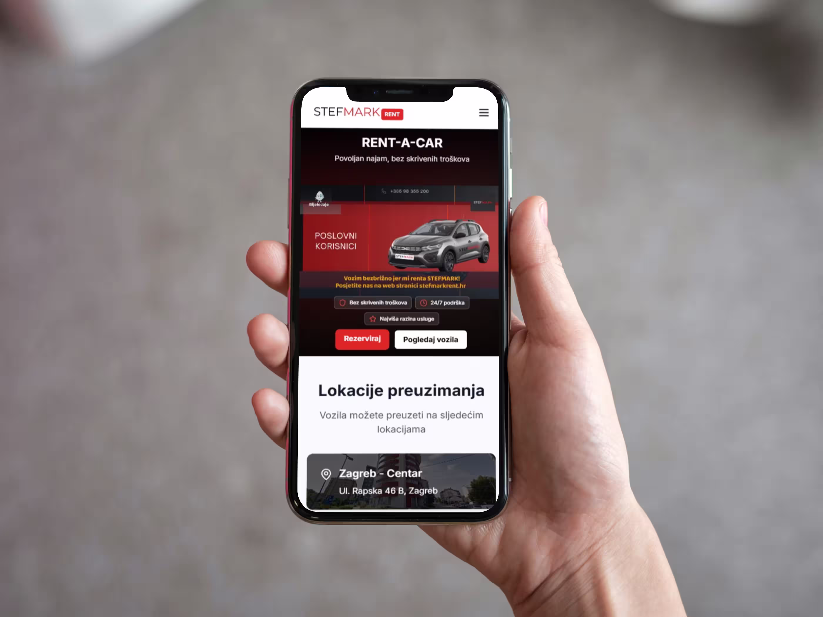 Stefmark Rent-a-Car web stranica na mobilnom uređaju
