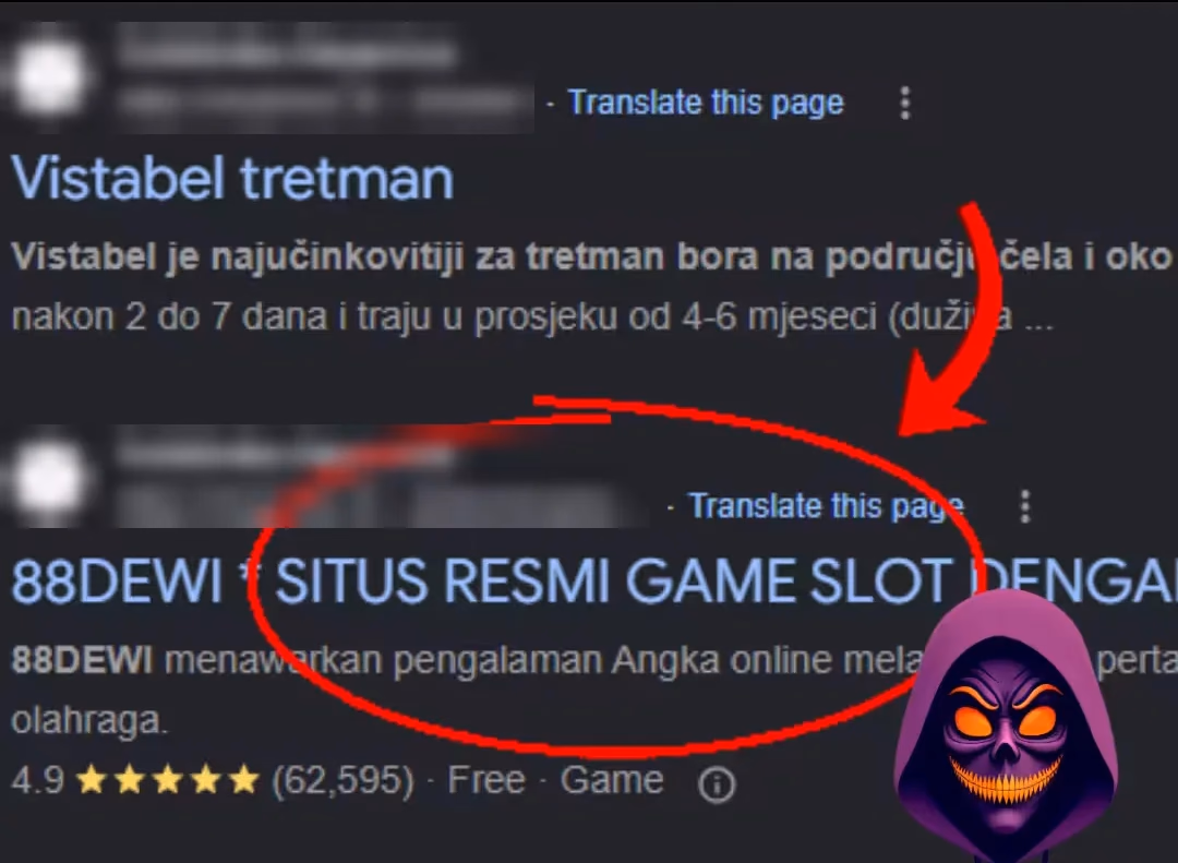 Google rezultat hakirane web stranice sa spam naslovom za online kockanje